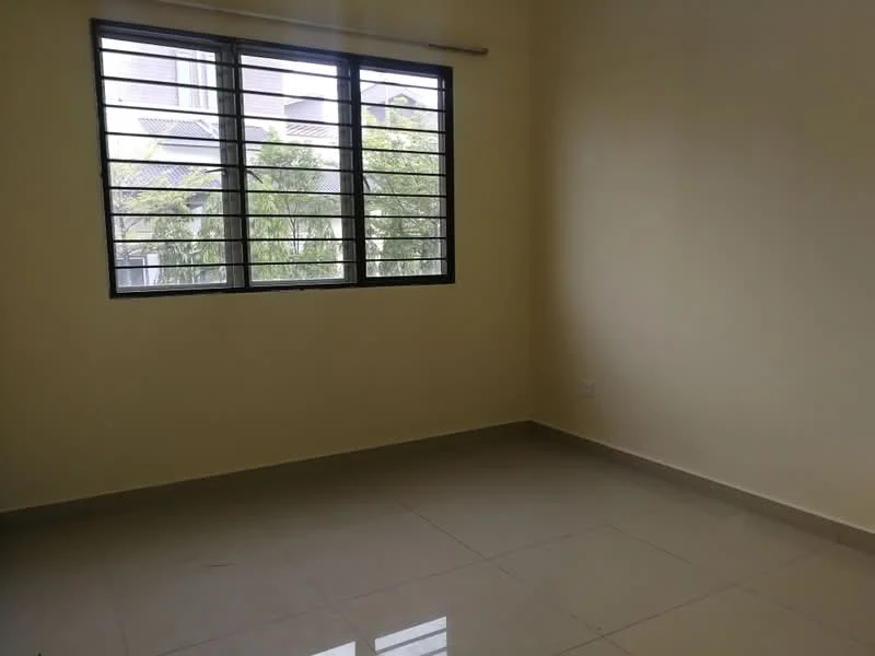 Room features: light beige painted walls, glossy ceramic tile flooring, black metal window with horizontal bars, natural light from window, view of greenery outside; style: minimalist; view: garden.