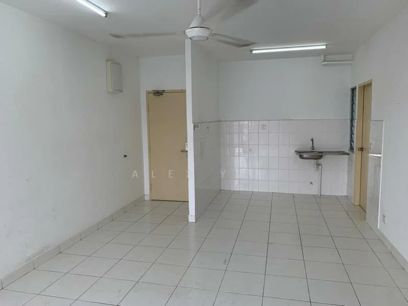 Room features: white painted walls, white tiled flooring, ceiling fan, single-bowl stainless-steel sink, wall-mounted light fixtures, door leading to another room, tiles on lower half of the wall, no visible furniture.