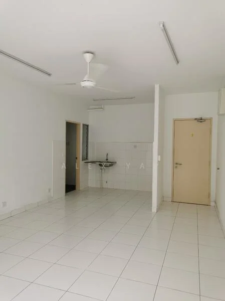 Room features: white painted walls, white tiled flooring, ceiling fan, single-bowl stainless-steel sink, wall-mounted faucet, kitchenette area with tiled backsplash, door leading to another room, light fixtures on ceiling, window with no visible treatment; style: minimalist.