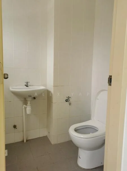 Bathroom features: white tiled walls, grey tiled flooring, single-sink vanity, chrome faucet, one-piece toilet, wall-mounted mirror.