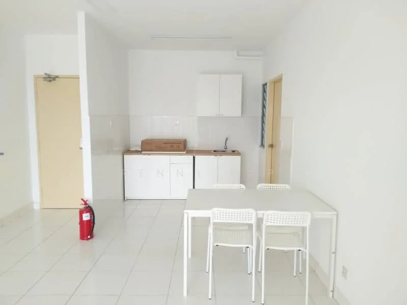 Kitchen features: white painted walls, white tile flooring, single-bowl stainless-steel sink, chrome pull-down faucet, white cabinetry, wood countertop, 4-seater dining table, 4 white plastic chairs, fire extinguisher, air conditioning unit; style: modern.