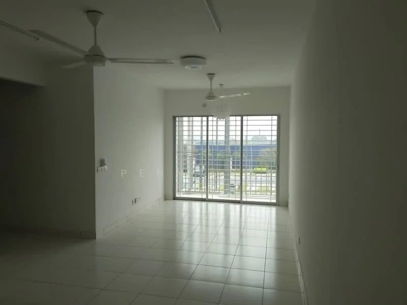 Living features: white painted walls, ceramic tile flooring, 5-blade ceiling fan, floor-to-ceiling windows, window treatments, natural light, neutral color palette, open layout; style: modern; view: city.