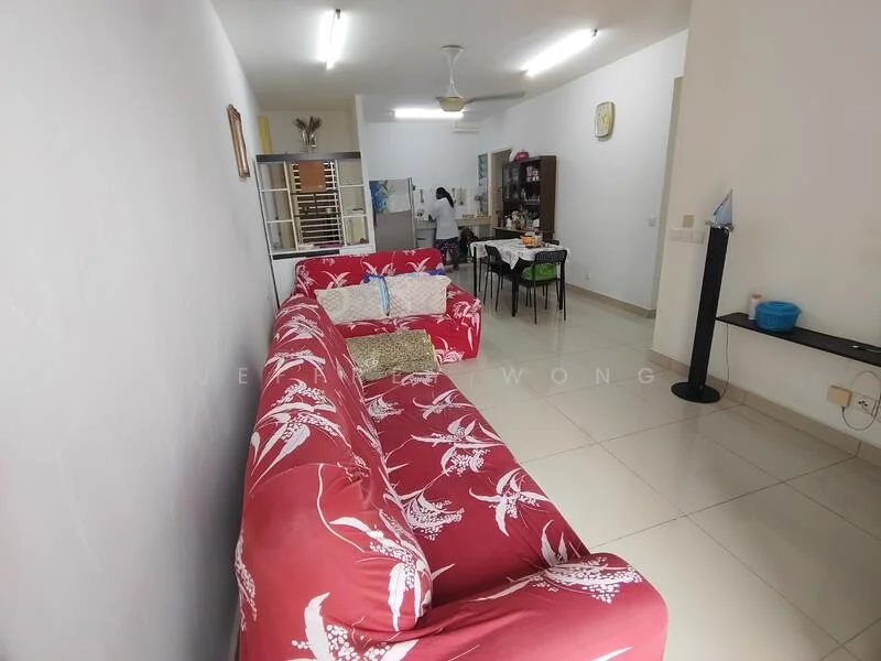 Living features: red floral-patterned fabric sofa, 2-seater sofa, 3-seater sofa, white walls, tile flooring, ceiling fan, wall-mounted TV console, dining table with chairs, open layout to kitchen, refrigerator visible in background, kitchen cabinets visible in background; style: modern.