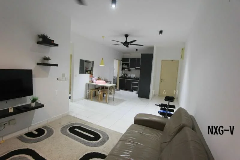 Living features: 3-seater fabric sofa in beige, area rug with geometric pattern, wall-mounted TV, TV console, ceiling fan, recessed downlights, white painted walls, tile flooring, open layout to kitchen, decorative plants on shelves; style: modern. Kitchen features: black cabinetry, stainless-steel appliances, kitchen island, tile backsplash, open layout to living area; style: modern.