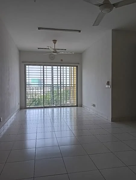 Living features: white painted walls, glossy white tile flooring, 2 ceiling fans, large sliding glass door, horizontal metal window grilles, view of greenery outside, recessed ceiling lights, power outlets on walls; style: modern; view: garden.
