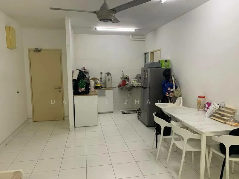 Kitchen features: white painted walls, white tiled flooring, ceiling fan, wooden countertop, stainless-steel fridge, built-in oven, microwave, white cabinetry, sink, 4-burner gas hob, dining table with white chairs; style: modern.