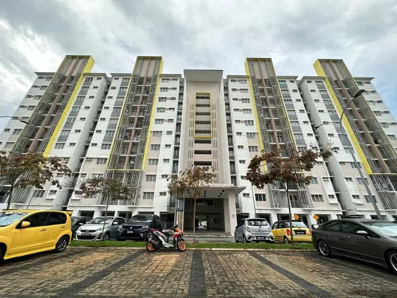 Exterior type: mid-rise condominium; features: white painted facade, yellow accent panels, balconies with vertical fins, 5-storey building, paved driveway, landscaped area with trees, parking spaces for vehicles; style: modern.