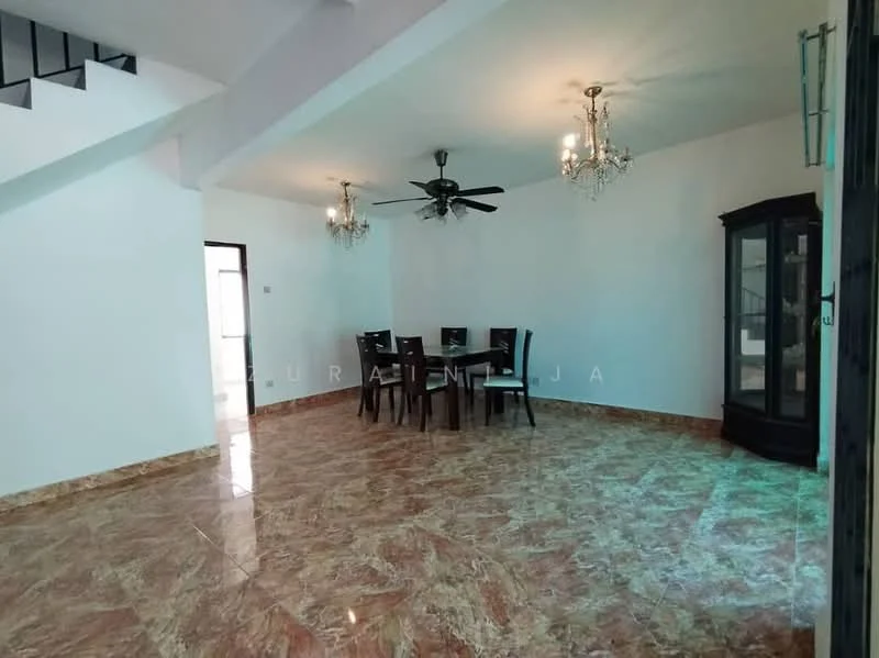 Dining features: marble tile flooring, white painted walls, 5-blade ceiling fan with light, two chandeliers, dining table with four chairs, glass display cabinet, open layout, natural light from windows; style: modern. Room features: white painted walls, marble tile flooring, 5-blade ceiling fan with light.