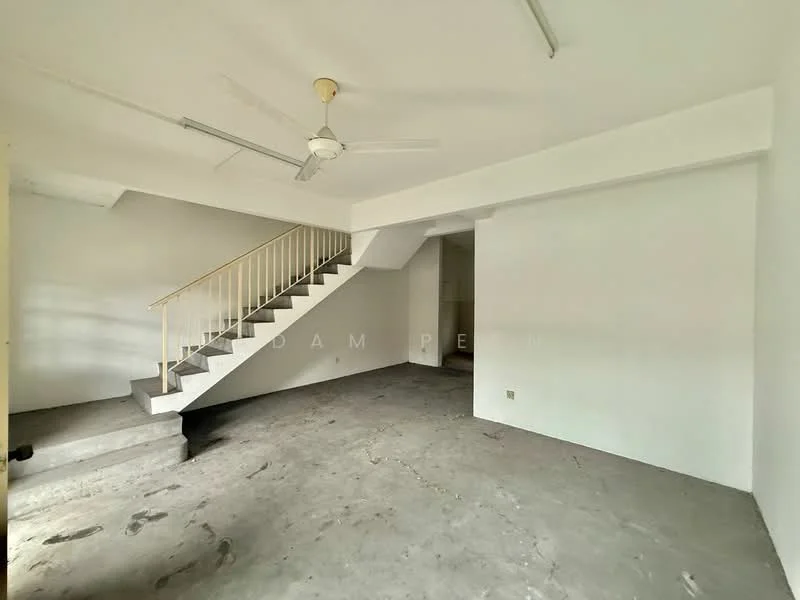 Room features: white painted walls, concrete flooring, ceiling fan, staircase with railing, open layout, natural light from windows, no visible furniture, minimalist design; style: minimalist.