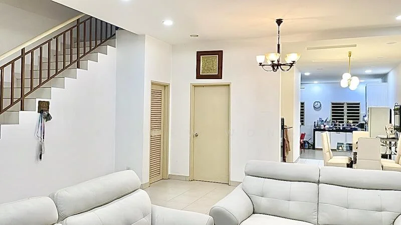 Living features: white painted walls, tile flooring, 5-blade ceiling fan with light, chandelier, sofa in light grey, coffee table, wall-mounted artwork, staircase with wooden railing, door leading to hallway, open layout to dining area, recessed lighting; style: modern. Room features: door leading to unknown room, built-in cabinets, open space leading to kitchen.