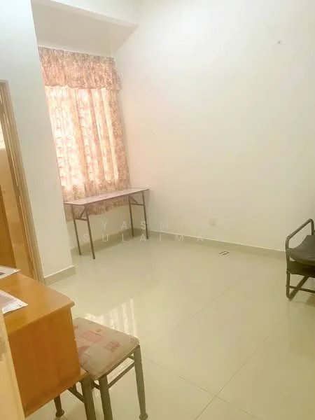 Room features: white painted walls, glossy tile flooring, large window with sheer curtains, wooden desk, metal chair, light-colored furniture, minimal decor; style: minimalist.