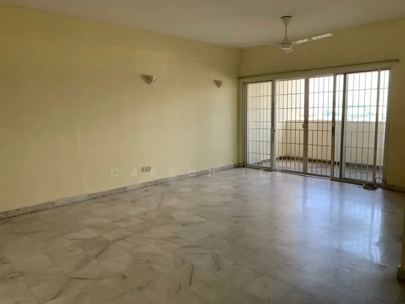 Living features: cream painted walls, marble flooring, ceiling fan, floor-to-ceiling sliding glass doors, balcony access, two wall sconces, natural light from balcony, open layout.