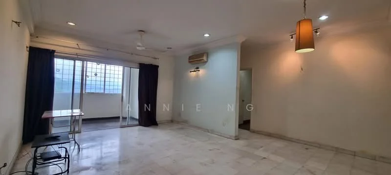 Living features: marble flooring, white painted walls, ceiling fan, recessed downlights, hanging pendant light, sliding glass door, floor-to-ceiling windows, blackout curtains, open layout, access to balcony; style: modern; view: city.