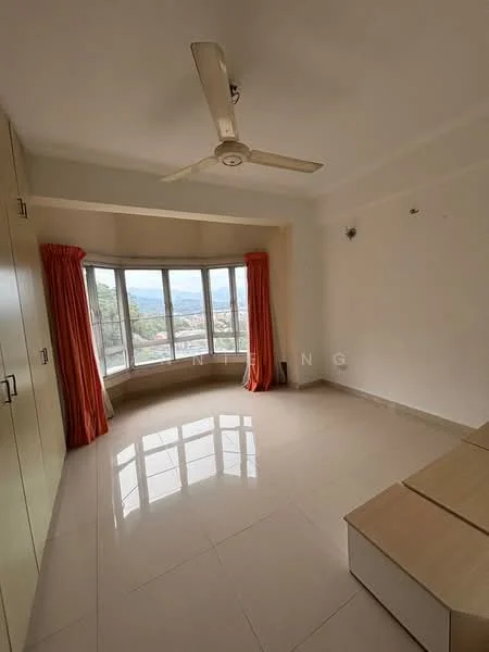 Room features: floor-to-ceiling windows, curtains in orange, cream painted walls, white ceiling, 5-blade ceiling fan, glossy tile flooring, built-in wardrobe, bay window, natural light, mountain view; style: modern; view: mountain.