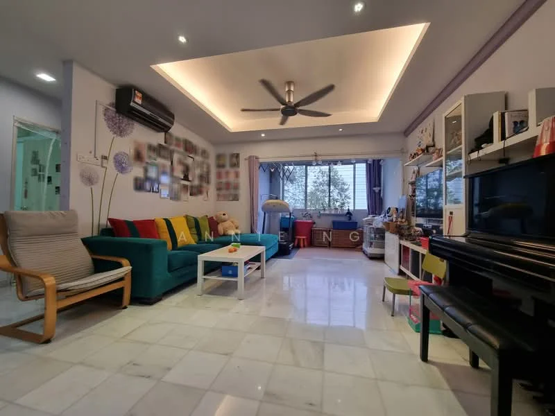 Living features: 5-blade ceiling fan with integrated LED light, sofa in teal with colorful cushions, white coffee table, marble flooring, wall-mounted TV, black piano, large window with sheer curtains, decorative wall art, recessed ceiling lights, wooden armchair, side table with decorative items; style: modern; view: garden.