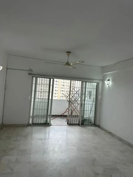 Living features: white painted walls, marble flooring, 5-blade ceiling fan, sliding glass door, floor-to-ceiling windows, natural light from windows, wall-mounted light fixtures, open layout; style: modern; view: city.