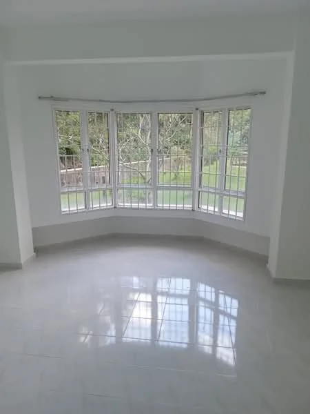 Room features: white painted walls, glossy tile flooring, bay windows, multiple window panes, curved wall, natural light, view of greenery, neutral color scheme; style: modern; view: garden.