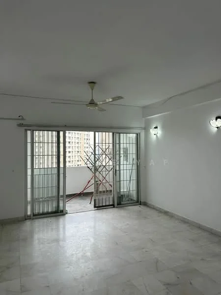 Living features: white painted walls, marble flooring, 5-blade ceiling fan, sliding glass door, floor-to-ceiling windows, wall-mounted sconces, open layout, access to balcony; style: modern. Room features: white painted walls, marble flooring.