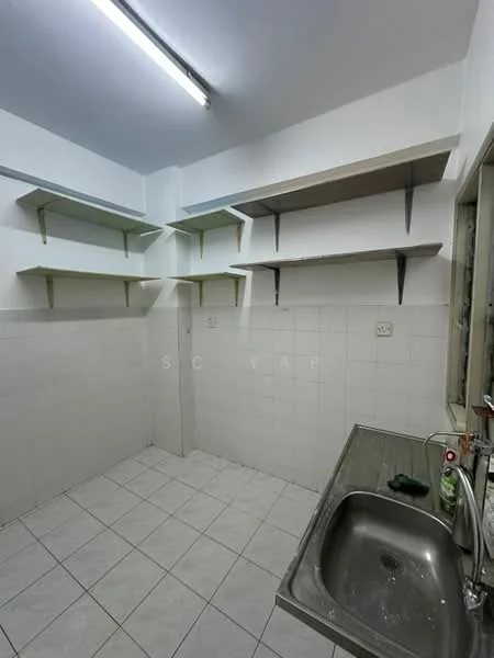 Laundry features: white tiled walls, white tiled flooring, stainless-steel sink, single-bowl sink, metal shelving units, fluorescent ceiling light, window for natural light.