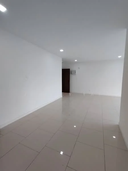 Room features: white painted walls, glossy ceramic tile flooring, recessed LED downlights, air conditioning unit, door leading to another room; style: modern.