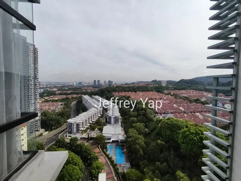 Exterior type: high-rise condominium; features: city skyline view, swimming pool visible, landscaped garden, surrounded by residential area, mature trees, multi-storey buildings in the background; style: modern.