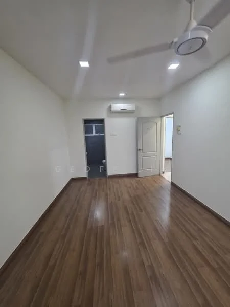Room features: light wood laminate flooring, white painted walls, recessed LED downlights, 1 wall-mounted split AC, ceiling fan, door leading to another room, door leading to hallway, window with no visible treatment; style: modern.