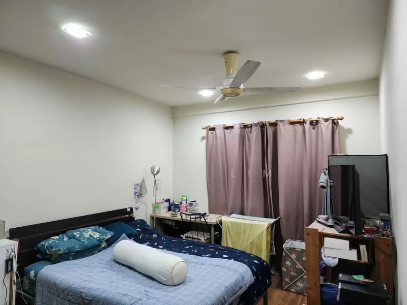 Bedroom features: queen-size bed with blue bedding, upholstered headboard, 2 bedside lamps, wooden flooring, ceiling fan with light, curtains in light brown, study desk with chair, wall-mounted mirror, decorative wall art, open shelving unit, laundry drying rack.