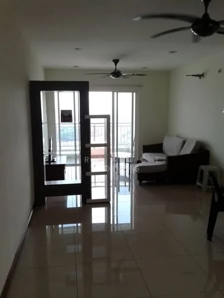 Living features: cream painted walls, glossy tile flooring, 2-blade ceiling fan, sofa, coffee table, TV console, floor-to-ceiling windows, sliding glass door, natural light, view of balcony; style: modern; view: city.