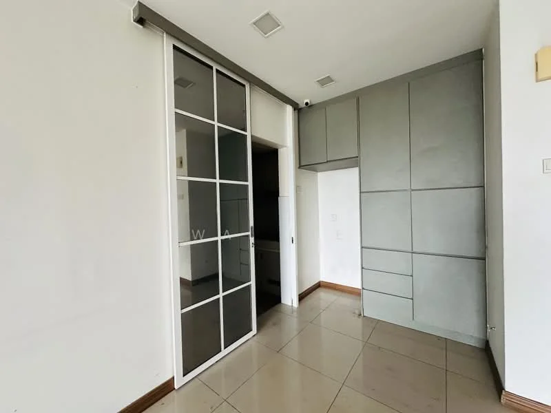 Room features: glass sliding door, grey cabinetry, built-in storage, white painted walls, tile flooring, recessed ceiling lights, corner shelving, neutral color palette; style: modern.