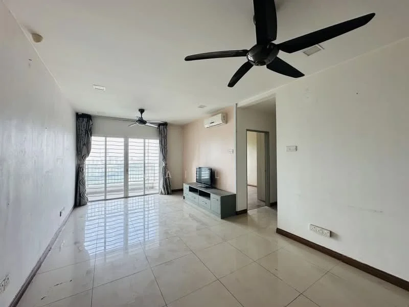 Living features: white painted walls, polished ceramic tile flooring, 5-blade ceiling fan, wall-mounted air conditioning unit, sliding glass door, floor-to-ceiling windows, TV console, TV, curtains, natural light, view of city skyline; style: modern; view: city.