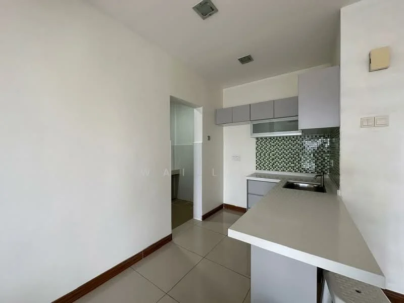 Kitchen features: white painted walls, cream tiled flooring, grey cabinetry, stainless-steel sink, chrome pull-down faucet, green mosaic tile backsplash, countertop with overhang for seating, built-in stove, recessed downlights; style: modern. Room features: white painted walls, cream tiled flooring.