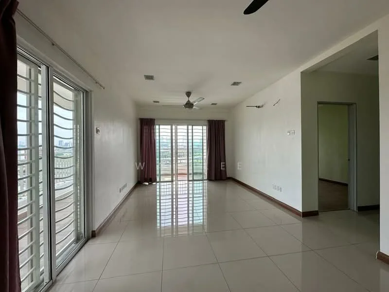 Living features: white painted walls, glossy ceramic tile flooring, 5-blade ceiling fan with light, floor-to-ceiling windows, sliding glass door, curtains in dark purple, recessed downlights, open layout, city view; style: modern; view: city.