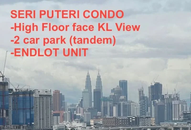 Exterior type: high-rise condominium; features: high floor, KL view, endlot unit, 2 car park (tandem), city skyline, surrounded by urban development; style: modern.