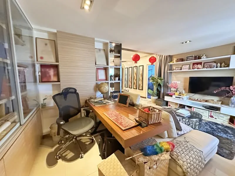 Study features: wooden desk, ergonomic office chair, decorative globe, shelves with framed artwork, wall-mounted TV, sofa with cushions, area rug, table lamp, decorative vases, red lanterns, wall paneling, large window with curtains; style: contemporary; view: city.