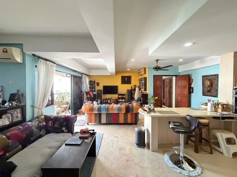 Living features: 3-seater fabric sofa in multicolored stripes, 2-seater fabric sofa with patterned upholstery, coffee table, TV console, wall-mounted TV, ceiling fan, marble flooring, large sliding glass door, sheer curtains, decorative wall art, potted plants, open layout to kitchen, area rug with geometric pattern; style: modern; view: garden. Kitchen features: bar counter with high stools, kitchen island, stainless-steel sink, built-in cabinetry, countertop with breakfast bar, recessed lighting; style: modern.