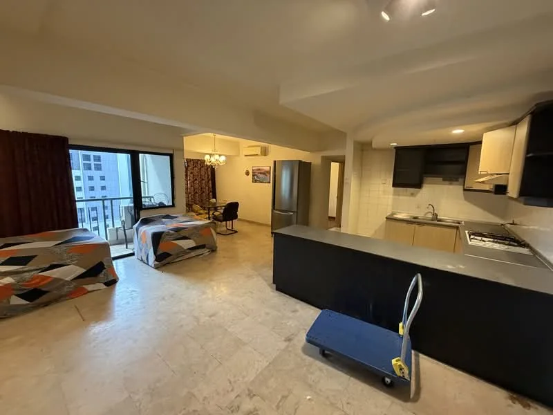 Living features: open-plan layout, marble flooring, floor-to-ceiling windows, sliding glass door, two beds with patterned bedspreads, kitchen island with seating, stainless-steel fridge, built-in oven, 4-burner gas hob, black cabinetry, light-colored countertops, recessed downlights, air conditioning unit, dining table with chairs, decorative curtains; style: modern; view: city.