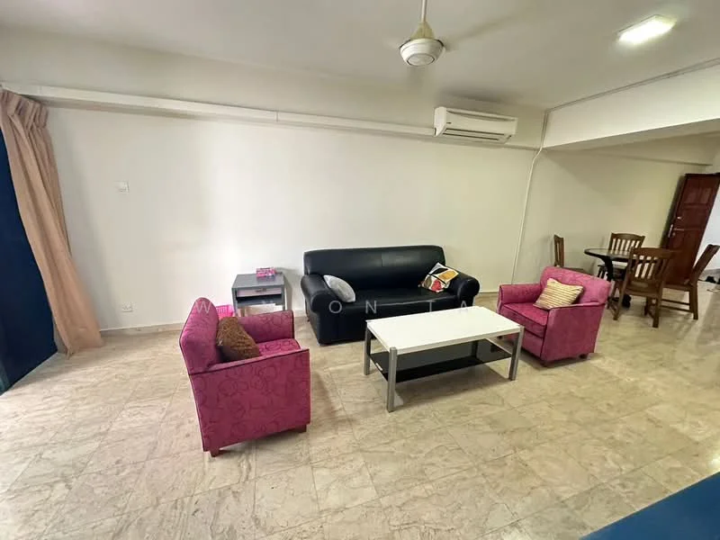 Living features: black leather sofa, 2 pink upholstered armchairs, white coffee table, marble flooring, wall-mounted air conditioning unit, curtains, light ceiling fan, dining table with chairs in background, neutral painted walls; style: modern.