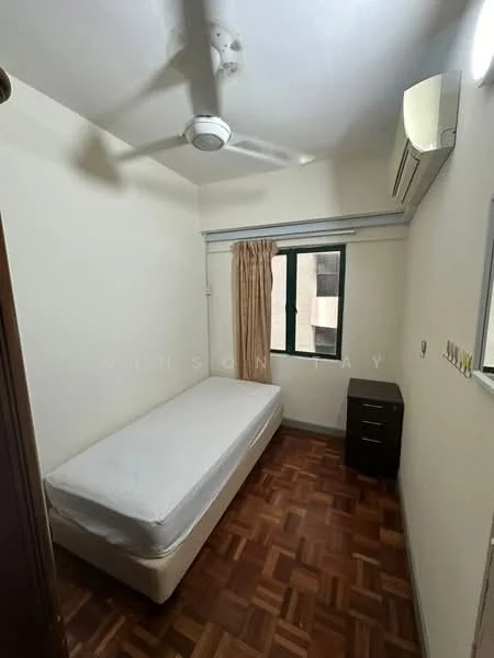 Bedroom features: single bed, wooden flooring, white painted walls, ceiling fan, wall-mounted air conditioning unit, curtains, window with green view, nightstand.