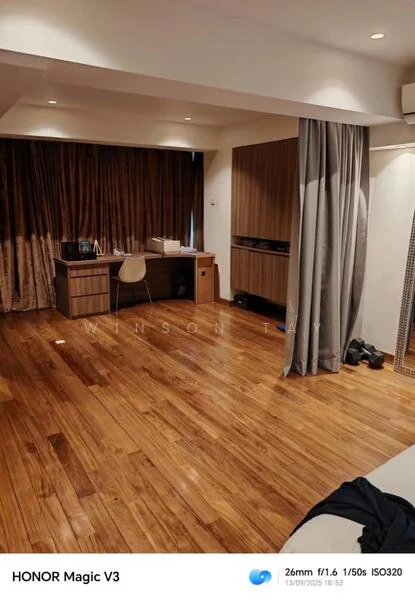 Room features: wooden flooring, brown curtains, built-in cabinetry, desk with chair, wall-mounted shelving, recessed downlights, neutral wall colour, floor-to-ceiling window, decorative wall panel; style: modern.