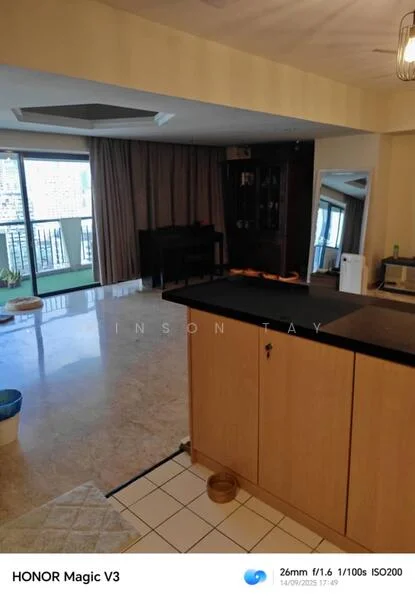 Living features: marble flooring, cream painted walls, floor-to-ceiling windows, sliding glass door, curtains, ceiling fan, built-in cabinetry, open layout to kitchen, balcony view, area rug; style: modern; view: garden. Kitchen features: granite countertop, wood cabinetry, stainless-steel sink, built-in appliances, tile flooring; style: modern.