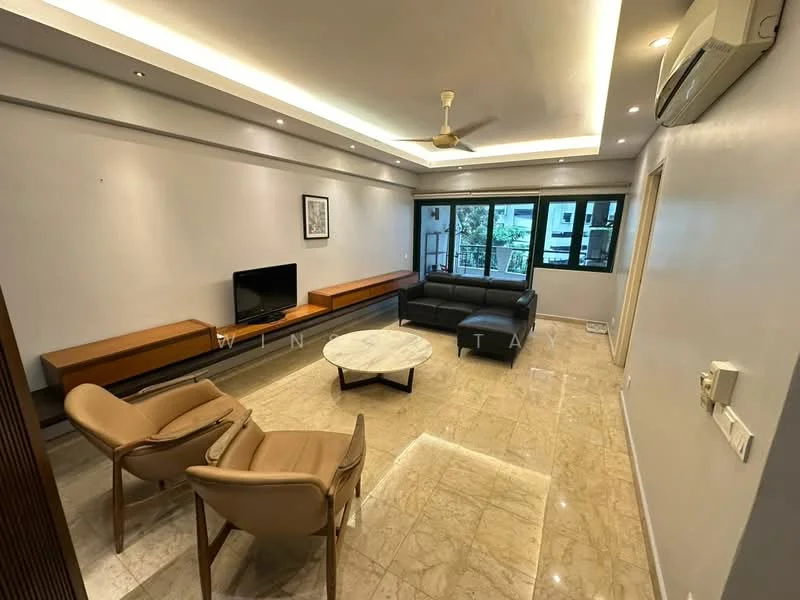Living features: marble tile flooring, white painted walls, tray ceiling with recessed lighting, 5-blade ceiling fan, wall-mounted TV, wooden TV console, two beige armchairs, round coffee table with black top, floor-to-ceiling windows, curtains, air conditioning unit; style: modern; view: garden.
