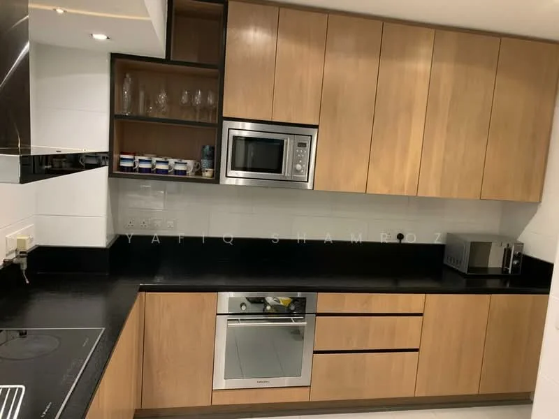 Kitchen features: wood cabinetry, black countertop, built-in microwave, stainless-steel oven, induction cooktop, glass backsplash, open shelving, under-cabinet lighting, recessed downlights; style: modern.