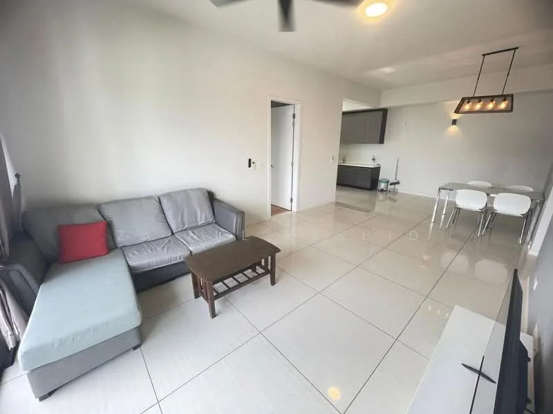 Living features: grey fabric sofa, red accent cushion, wood coffee table, flat-screen TV, white tiled flooring, recessed ceiling lights, 5-blade ceiling fan, large window with sheer curtains; style: modern. Dining features: 4-seater dining table, white dining chairs, open layout, white walls, kitchen area visible in background; style: modern.