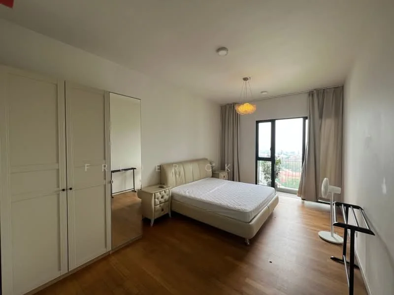 Bedroom features: queen-size bed, upholstered headboard, built-in wardrobe with mirrored doors, wooden flooring, floor-to-ceiling window, curtains, ceiling light fixture, wall-mounted fan, side table, decorative wall; style: modern; view: city.
