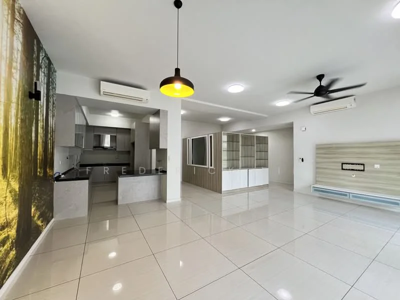 Living features: glossy white tile flooring, white painted walls, ceiling with recessed downlights, 5-blade ceiling fan, pendant light fixture, large window with view, built-in cabinetry, open layout to kitchen, wall-mounted TV, air conditioning unit; style: modern. Kitchen features: grey cabinetry, black countertop, stainless-steel sink, built-in oven, freestanding range oven, refrigerator, open layout to living area; style: modern.