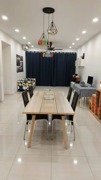 Dining features: rectangular wooden dining table, 6 black dining chairs, pendant lighting with geometric design, recessed LED downlights, white painted walls, glossy tile flooring, curtains in dark blue, decorative wall shelf, computer desk with chair, colorful sofa with floral pattern, checkered tablecloth on side table; style: modern.