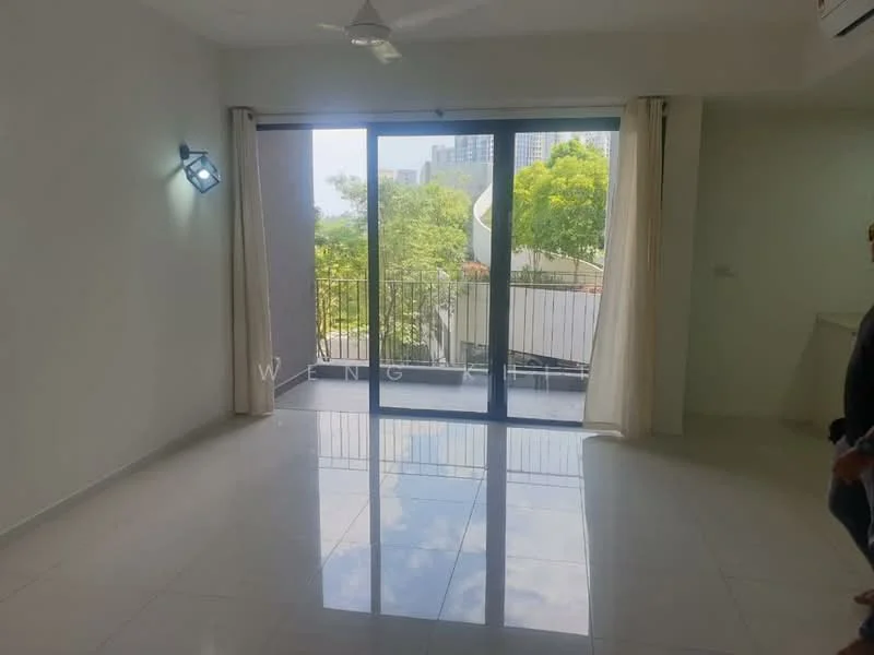 Living features: white painted walls, glossy tile flooring, sliding glass door, floor-to-ceiling windows, ceiling fan, sheer curtains, balcony view, natural light; style: modern; view: garden.
