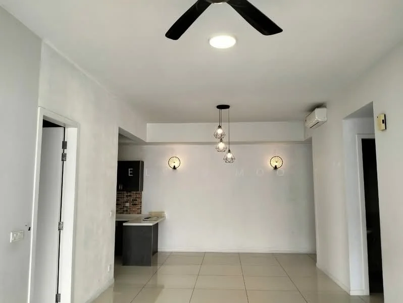 Living features: white painted walls, glossy tile flooring, 5-blade ceiling fan with light, recessed downlights, pendant lights, air conditioning unit, open layout to kitchen, wall-mounted light fixtures; style: modern. Kitchen features: black cabinetry, tile backsplash, countertop, sink, kitchen appliances visible; style: modern.