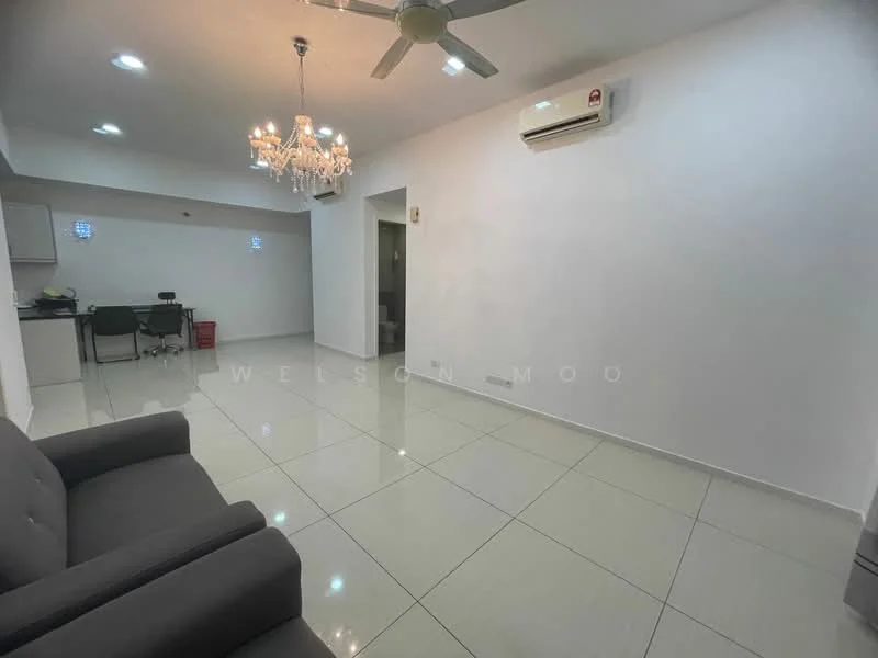 Living features: grey fabric sofa, chandelier, 5-blade ceiling fan with light, wall-mounted split AC, white painted walls, glossy white tile flooring, recessed lighting, open layout to kitchen, desk area with chair, doorway to other rooms; style: modern.