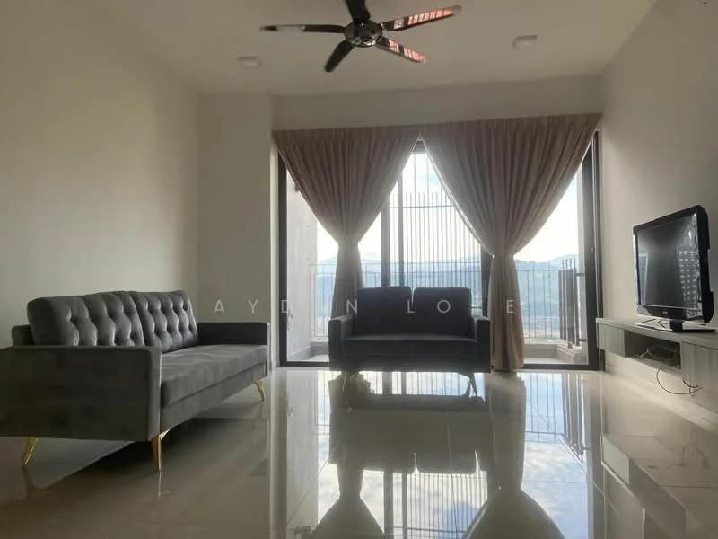 Living features: grey tufted fabric sofa, 2-seater fabric sofa, floor-to-ceiling windows, sheer curtains, blackout curtains, wall-mounted TV, TV console, polished tile flooring, ceiling fan with light, decorative wall, neutral painted walls; style: modern; view: city.